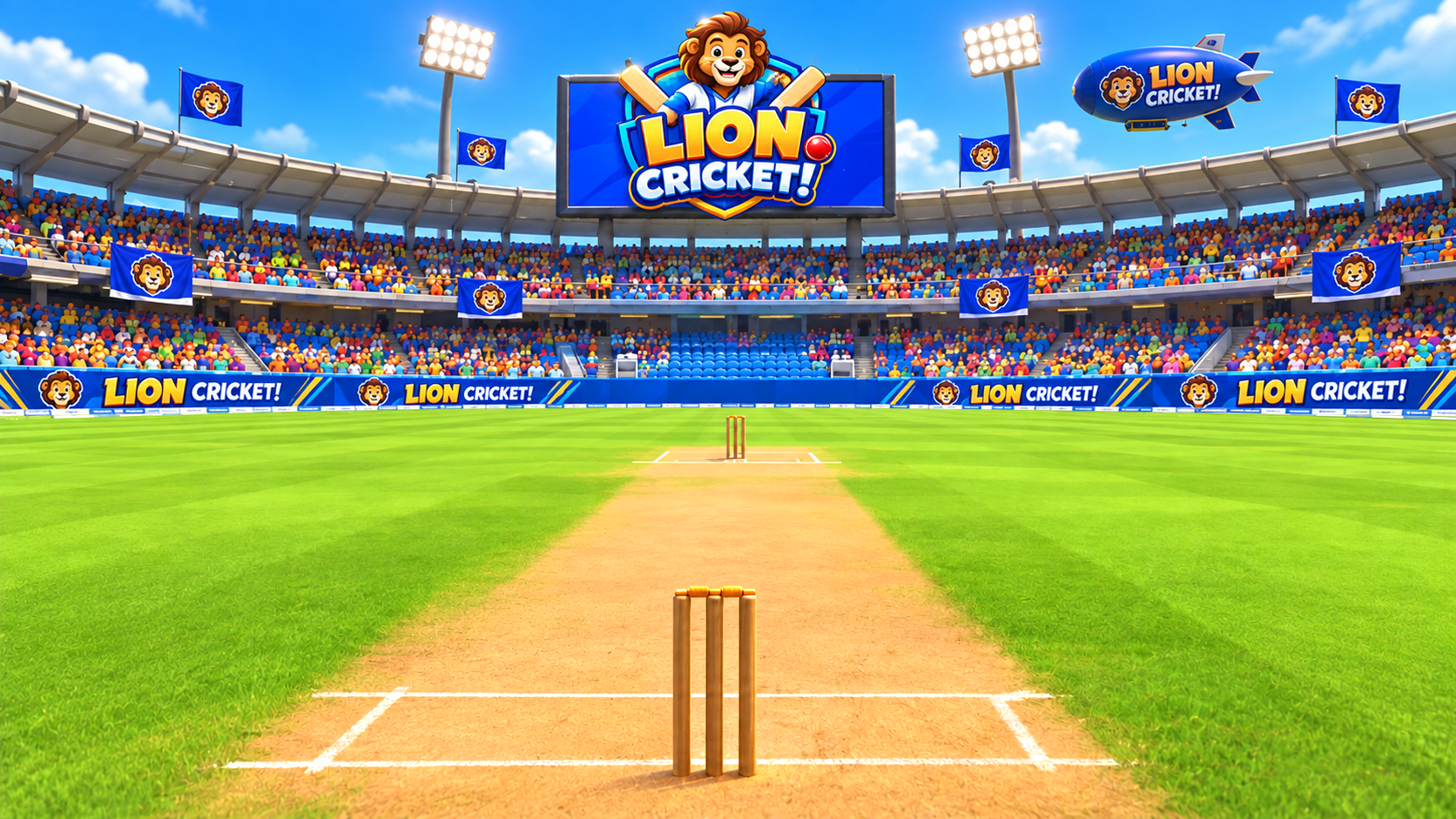 Lion batsman facing a monkey bowling team in a packed cricket stadium